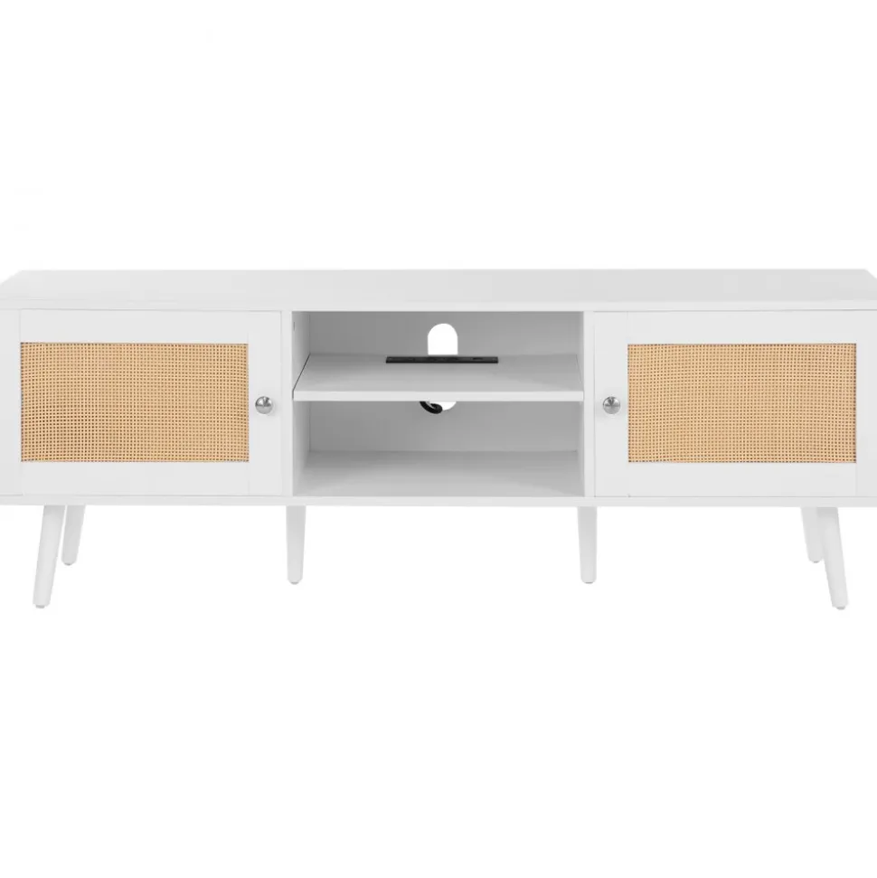 VEVOR Rattan TV Stand for 65 inch TV, Boho TV Stand with Rattan Door, Entertainment Center with Build-in Socket and USB Ports, Modern TV Console for Living Room, Media Room, White