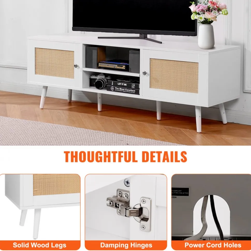 VEVOR Rattan TV Stand for 65 inch TV, Boho TV Stand with Rattan Door, Entertainment Center with Build-in Socket and USB Ports, Modern TV Console for Living Room, Media Room, White
