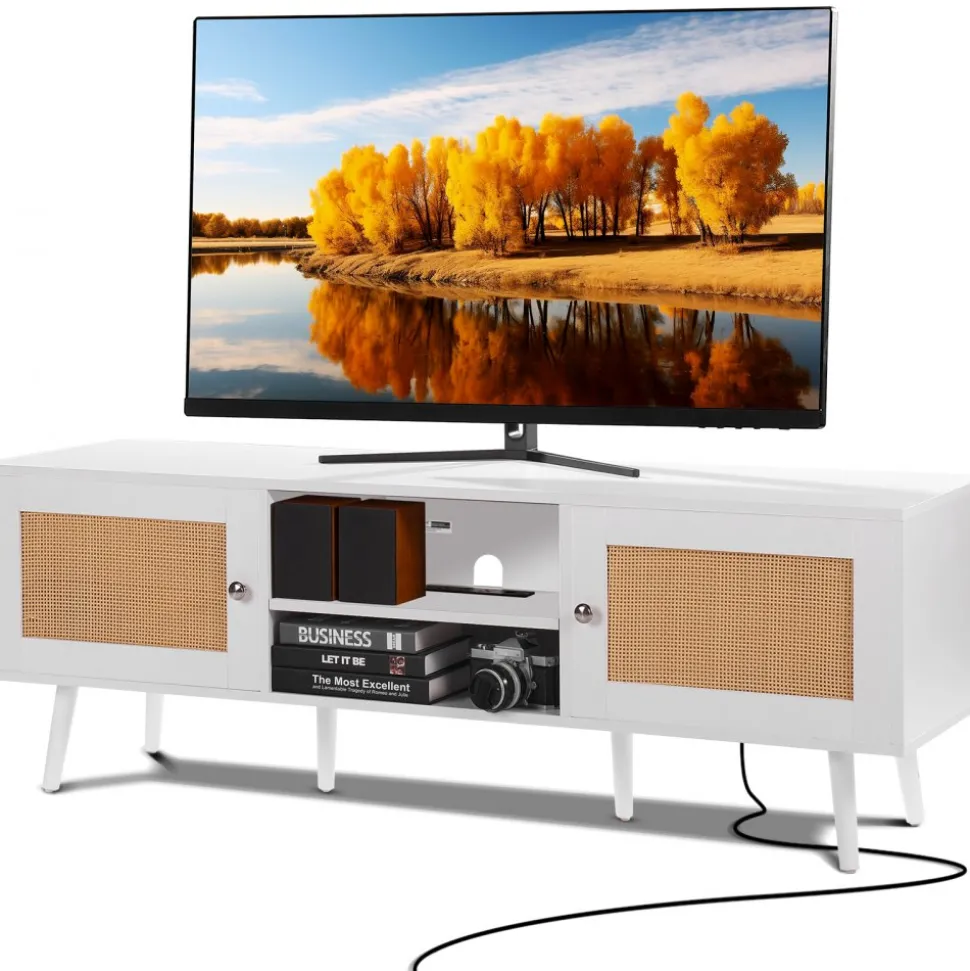 VEVOR Rattan TV Stand for 65 inch TV, Boho TV Stand with Rattan Door, Entertainment Center with Build-in Socket and USB Ports, Modern TV Console for Living Room, Media Room, White