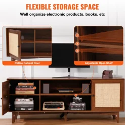 VEVOR Rattan TV Stand for 75in TV, Boho TV Stand with Rattan Door, Entertainment Center with Build-in Socket, Storage Cabinet with 2 Shelves, Modern TV Console for Living Room, Media Room, Walnut