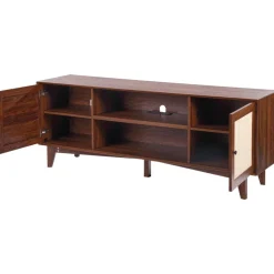VEVOR Rattan TV Stand for 75in TV, Boho TV Stand with Rattan Door, Entertainment Center with Build-in Socket, Storage Cabinet with 2 Shelves, Modern TV Console for Living Room, Media Room, Walnut