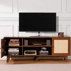 VEVOR Rattan TV Stand for 75in TV, Boho TV Stand with Rattan Door, Entertainment Center with Build-in Socket, Storage Cabinet with 2 Shelves, Modern TV Console for Living Room, Media Room, Walnut