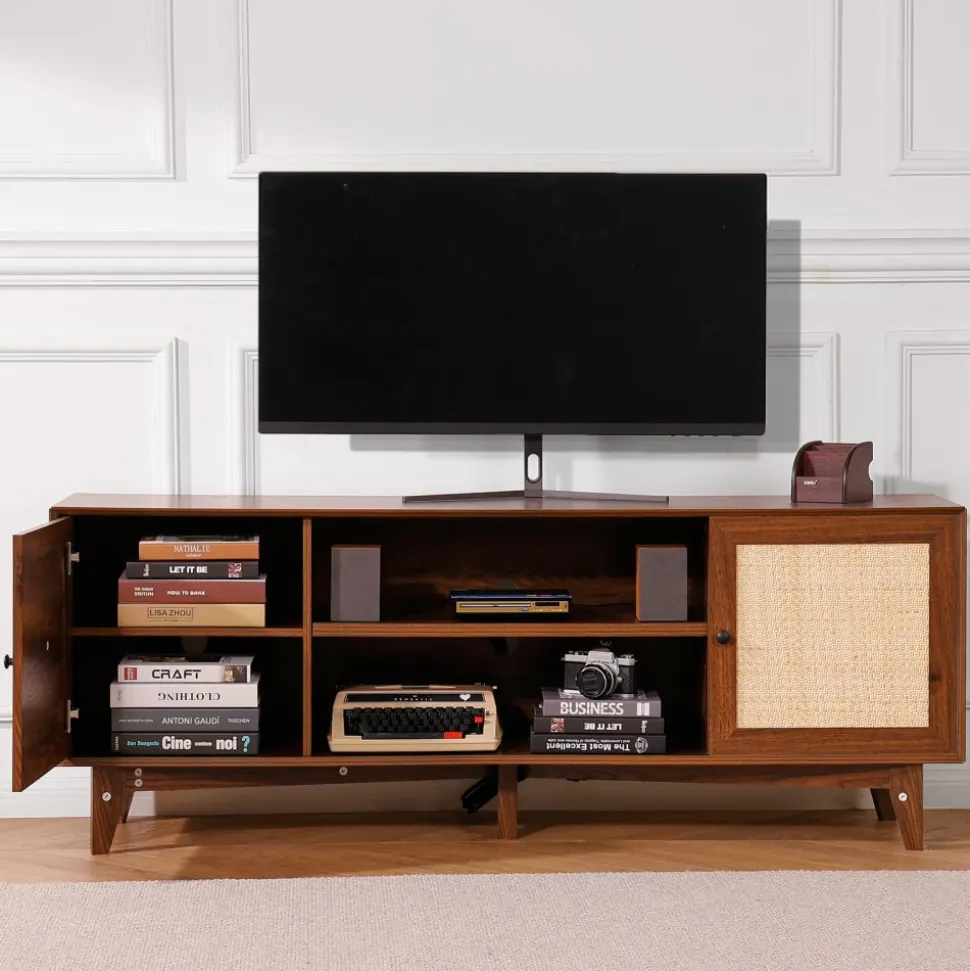 VEVOR Rattan TV Stand for 75in TV, Boho TV Stand with Rattan Door, Entertainment Center with Build-in Socket, Storage Cabinet with 2 Shelves, Modern TV Console for Living Room, Media Room, Walnut