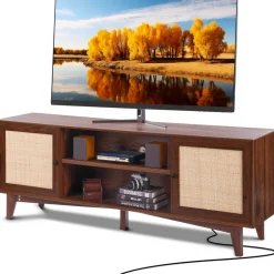 VEVOR Rattan TV Stand for 75in TV, Boho TV Stand with Rattan Door, Entertainment Center with Build-in Socket, Storage Cabinet with 2 Shelves, Modern TV Console for Living Room, Media Room, Walnut