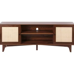 VEVOR Rattan TV Stand for 75in TV, Boho TV Stand with Rattan Door, Entertainment Center with Build-in Socket, Storage Cabinet with 2 Shelves, Modern TV Console for Living Room, Media Room, Walnut