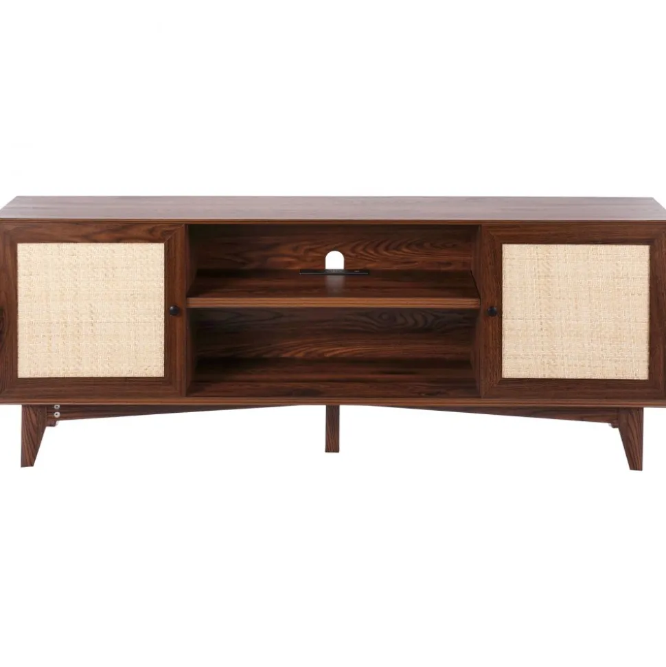 VEVOR Rattan TV Stand for 75in TV, Boho TV Stand with Rattan Door, Entertainment Center with Build-in Socket, Storage Cabinet with 2 Shelves, Modern TV Console for Living Room, Media Room, Walnut
