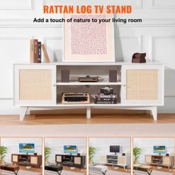 VEVOR Rattan TV Stand for 75in TV, Boho TV Stand with Rattan Door, Entertainment Center with Build-in Socket, Storage Cabinet with 2 Shelves, Modern TV Console for Living Room, Media Room, White