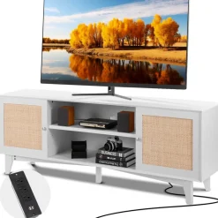 VEVOR Rattan TV Stand for 75in TV, Boho TV Stand with Rattan Door, Entertainment Center with Build-in Socket, Storage Cabinet with 2 Shelves, Modern TV Console for Living Room, Media Room, White
