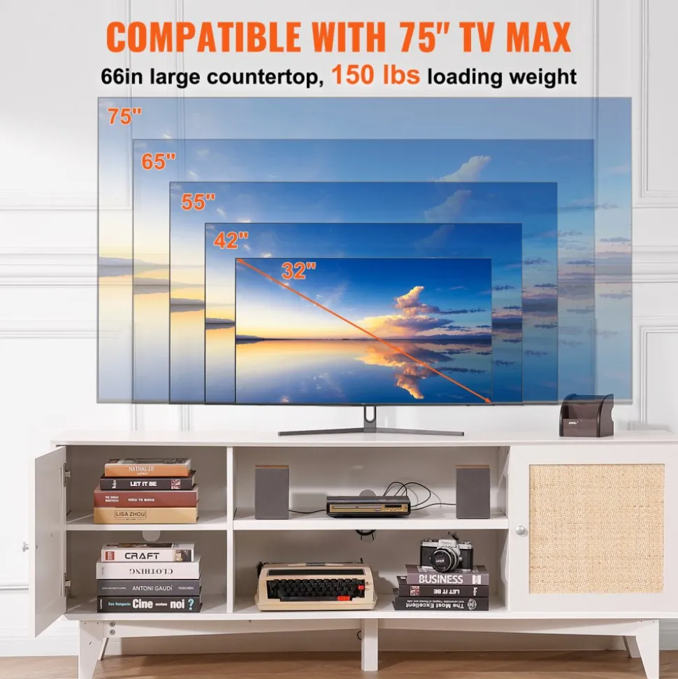 VEVOR Rattan TV Stand for 75in TV, Boho TV Stand with Rattan Door, Entertainment Center with Build-in Socket, Storage Cabinet with 2 Shelves, Modern TV Console for Living Room, Media Room, White