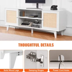 VEVOR Rattan TV Stand for 75in TV, Boho TV Stand with Rattan Door, Entertainment Center with Build-in Socket, Storage Cabinet with 2 Shelves, Modern TV Console for Living Room, Media Room, White
