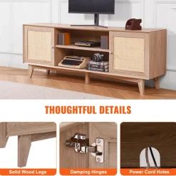 VEVOR Rattan TV Stand, Mid Century Modern TV Stand for 75 inch TV, Boho Rattan TV Cabinet with Build-in Socket and USB Ports, Adjustable Shelfs for Living Room, Media Room, Oak