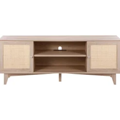VEVOR Rattan TV Stand, Mid Century Modern TV Stand for 75 inch TV, Boho Rattan TV Cabinet with Build-in Socket and USB Ports, Adjustable Shelfs for Living Room, Media Room, Oak