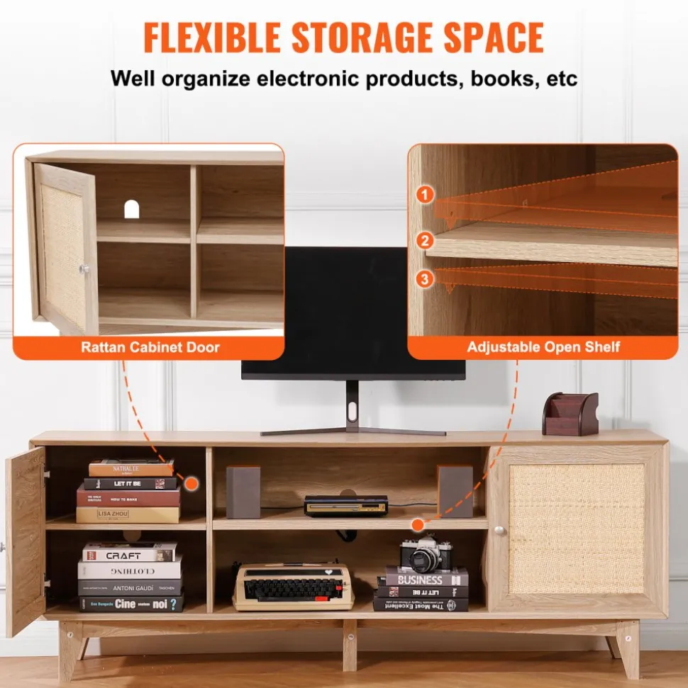 VEVOR Rattan TV Stand, Mid Century Modern TV Stand for 75 inch TV, Boho Rattan TV Cabinet with Build-in Socket and USB Ports, Adjustable Shelfs for Living Room, Media Room, Oak