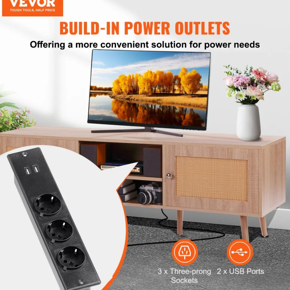 VEVOR Rattan TV Stand, Mid Century Modern TV Stand for 65 inch TV, Boho Rattan TV Cabinet with Build-in Socket and USB Ports, Adjustable Shelfs for Living Room, Media Room, Oak