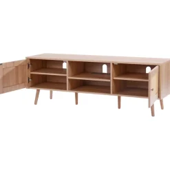 VEVOR Rattan TV Stand, Mid Century Modern TV Stand for 65 inch TV, Boho Rattan TV Cabinet with Build-in Socket and USB Ports, Adjustable Shelfs for Living Room, Media Room, Oak