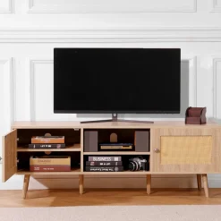 VEVOR Rattan TV Stand, Mid Century Modern TV Stand for 65 inch TV, Boho Rattan TV Cabinet with Build-in Socket and USB Ports, Adjustable Shelfs for Living Room, Media Room, Oak