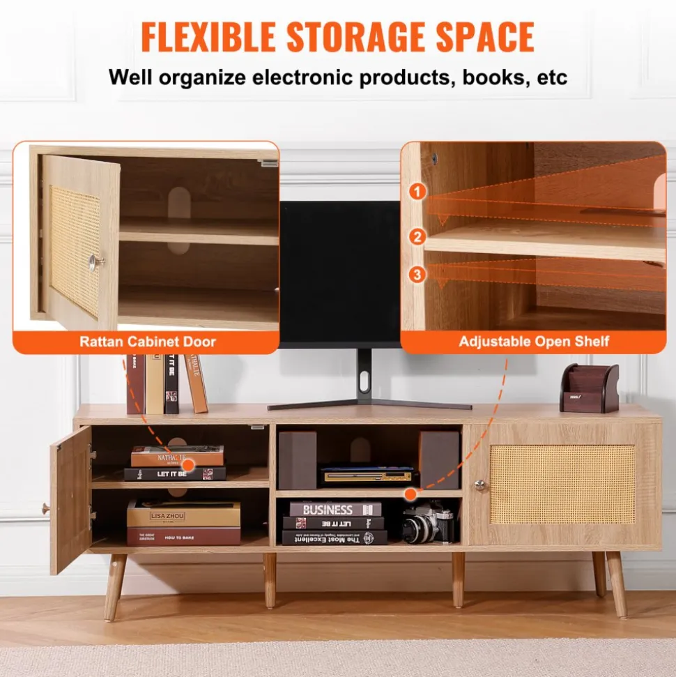 VEVOR Rattan TV Stand, Mid Century Modern TV Stand for 65 inch TV, Boho Rattan TV Cabinet with Build-in Socket and USB Ports, Adjustable Shelfs for Living Room, Media Room, Oak