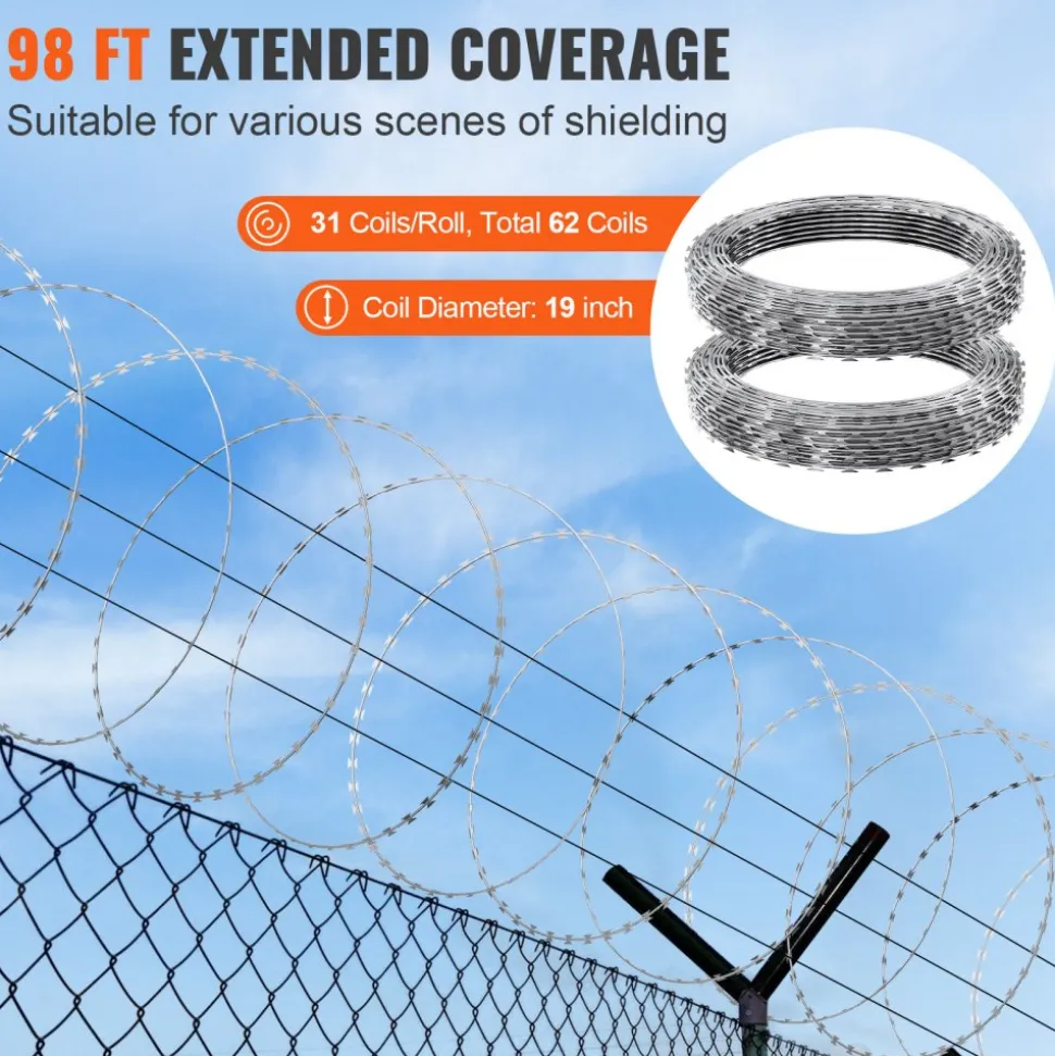 VEVOR Razor Wires, 98 ft Razor Barbed Wire, 2 Rolls Razor Wire Fencing Razor Fence, Razor Ribbon Barbed Wire Galvanized Razor Wire Fence, Rolls Razor for Garden