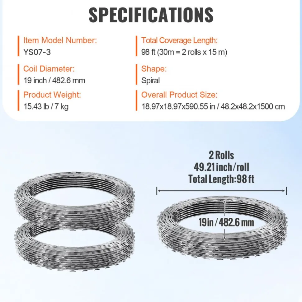 VEVOR Razor Wires, 98 ft Razor Barbed Wire, 2 Rolls Razor Wire Fencing Razor Fence, Razor Ribbon Barbed Wire Galvanized Razor Wire Fence, Rolls Razor for Garden