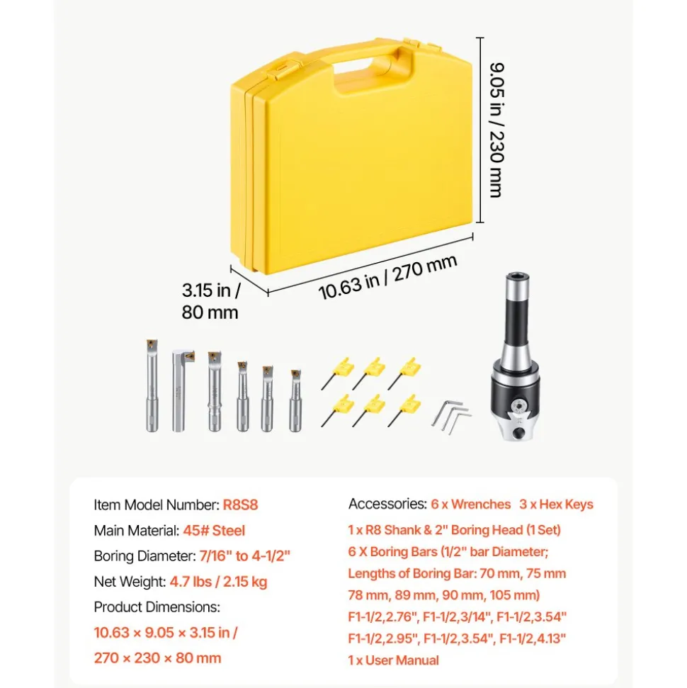 VEVOR R8 Boring Head 2-Inch Indexable 8 Piece Boring Bar Set with R8 Shank, for Milling Machine Drill Press, 7/16" to 4-1/2", Precision Bore Diameter Adjustment, Hardened & Ground, Labeled Storage Box