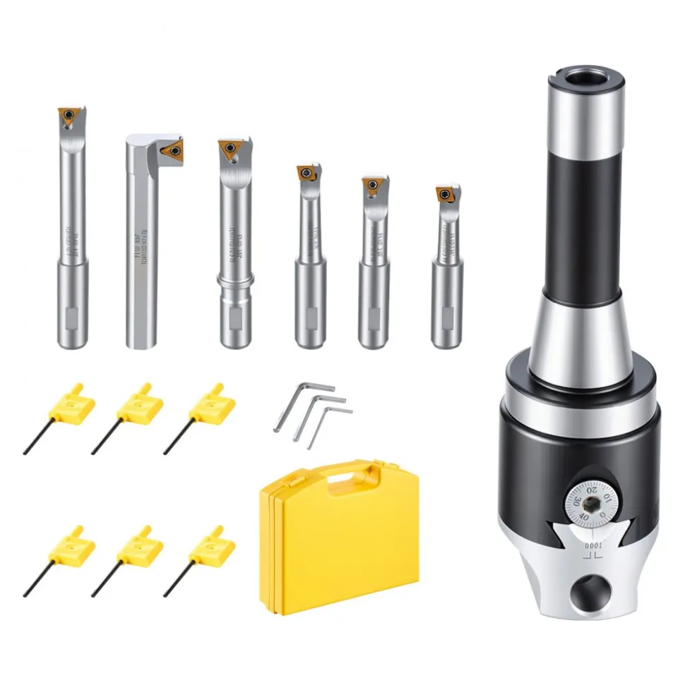 VEVOR R8 Boring Head 2-Inch Indexable 8 Piece Boring Bar Set with R8 Shank, for Milling Machine Drill Press, 7/16" to 4-1/2", Precision Bore Diameter Adjustment, Hardened & Ground, Labeled Storage Box