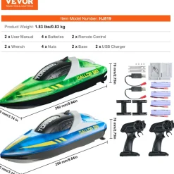VEVOR RC Boat, 2 Pack 2.4GHz 12 km/h, Remote Control Boat for Pools & Lakes, Racing Boat with LED Light, 4 Rechargeable Batteries, Whole Body Waterproof, Gift for Adults Boys & Girls, Blue & Green