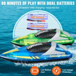 VEVOR RC Boat, 2 Pack 2.4GHz 12 km/h, Remote Control Boat for Pools & Lakes, Racing Boat with LED Light, 4 Rechargeable Batteries, Whole Body Waterproof, Gift for Adults Boys & Girls, Blue & Green