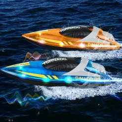 VEVOR RC Boat, 2 Pack 2.4GHz 12 km/h, Remote Control Boat for Pools & Lakes, Racing Boat with LED Light, 4 Rechargeable Batteries, Whole Body Waterproof, Gift for Adults Boys & Girls, Blue & Orange