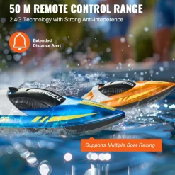 VEVOR RC Boat, 2 Pack 2.4GHz 12 km/h, Remote Control Boat for Pools & Lakes, Racing Boat with LED Light, 4 Rechargeable Batteries, Whole Body Waterproof, Gift for Adults Boys & Girls, Blue & Orange
