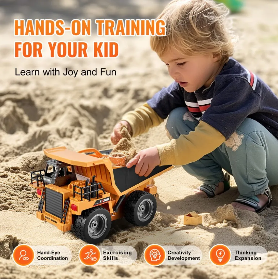 VEVOR RC Dump Truck Toy, 9-Channel 1:18 Scale, Remote Control Dump Truck RC Construction Vehicle Truck Toy with Metal Bed & Light, 2 Rechargeable Batteries for Toddlers Kids Boys and Girls Age 8+