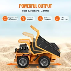 VEVOR RC Dump Truck Toy, 9-Channel 1:18 Scale, Remote Control Dump Truck RC Construction Vehicle Truck Toy with Metal Bed & Light, 2 Rechargeable Batteries for Toddlers Kids Boys and Girls Age 8+