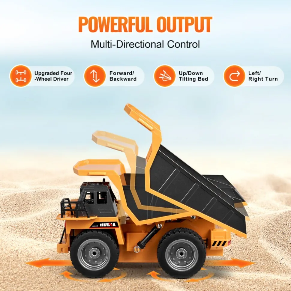 VEVOR RC Dump Truck Toy, 9-Channel 1:18 Scale, Remote Control Dump Truck RC Construction Vehicle Truck Toy with Metal Bed & Light, 2 Rechargeable Batteries for Toddlers Kids Boys and Girls Age 8+