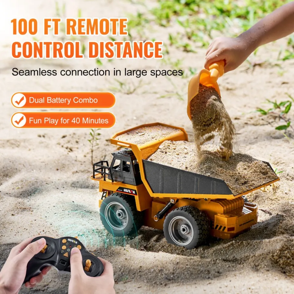 VEVOR RC Dump Truck Toy, 9-Channel 1:18 Scale, Remote Control Dump Truck RC Construction Vehicle Truck Toy with Metal Bed & Light, 2 Rechargeable Batteries for Toddlers Kids Boys and Girls Age 8+