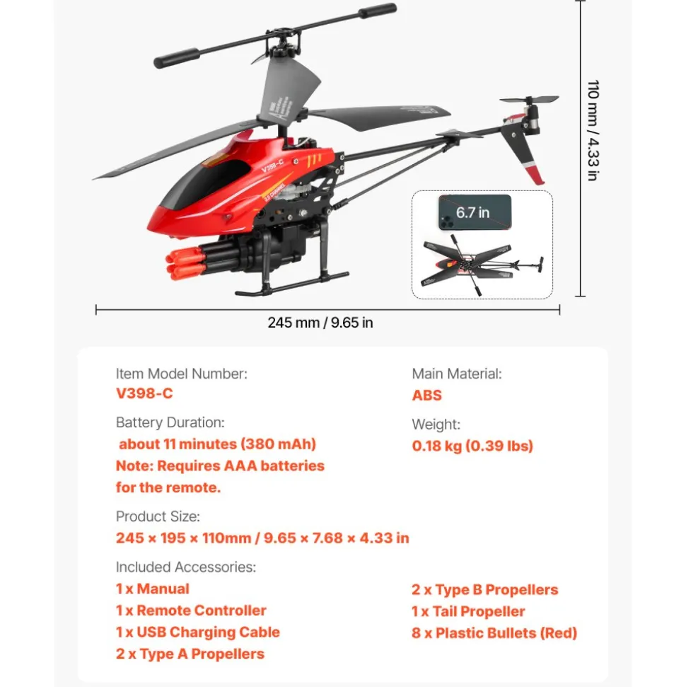 VEVOR RC Helicopter, 2.4GHz Flying Remote Control Helicopter with Shooting Mode, 3.5 Channel RC Airplane for Kid, Altitude Hold, One-Key Takeoff/Landing & LED Lights, Toys for Kids Ages 14 and up