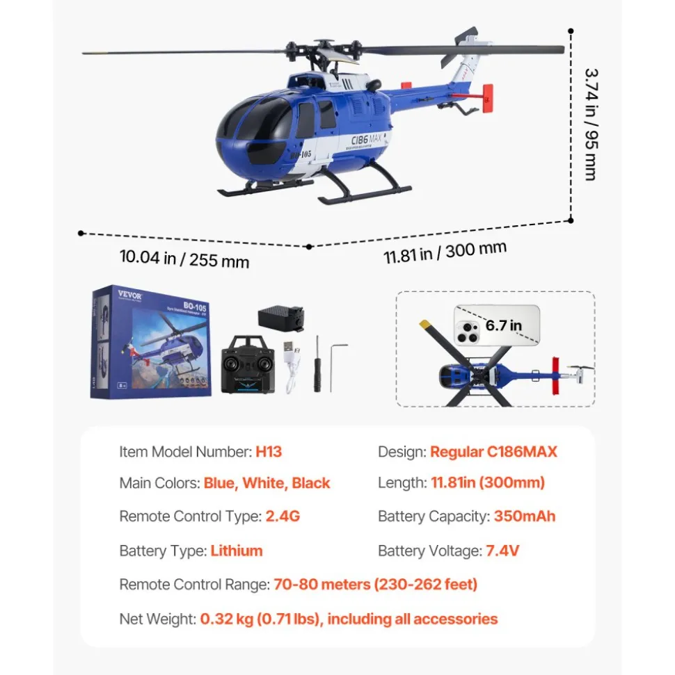 VEVOR RC Helicopter, 2.4GHz 4-Propeller Remote Control Helicopter with 6-Axis Gyro, 4-Channel RC Airplane for Beginner, LED Light & One-Key Takeoff/Landing, Plane Toys for Kids Ages 8 and up