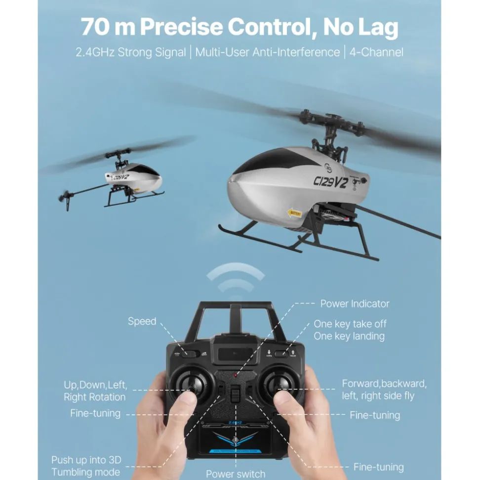 VEVOR RC Helicopter, 2.4GHz Single Propeller Remote Control Helicopter with Gyro, 4-Channel RC Airplane for Beginner, 39 Min Flight Time, One-Key Takeoff/Landing, Toys for Kids Ages 8 and up