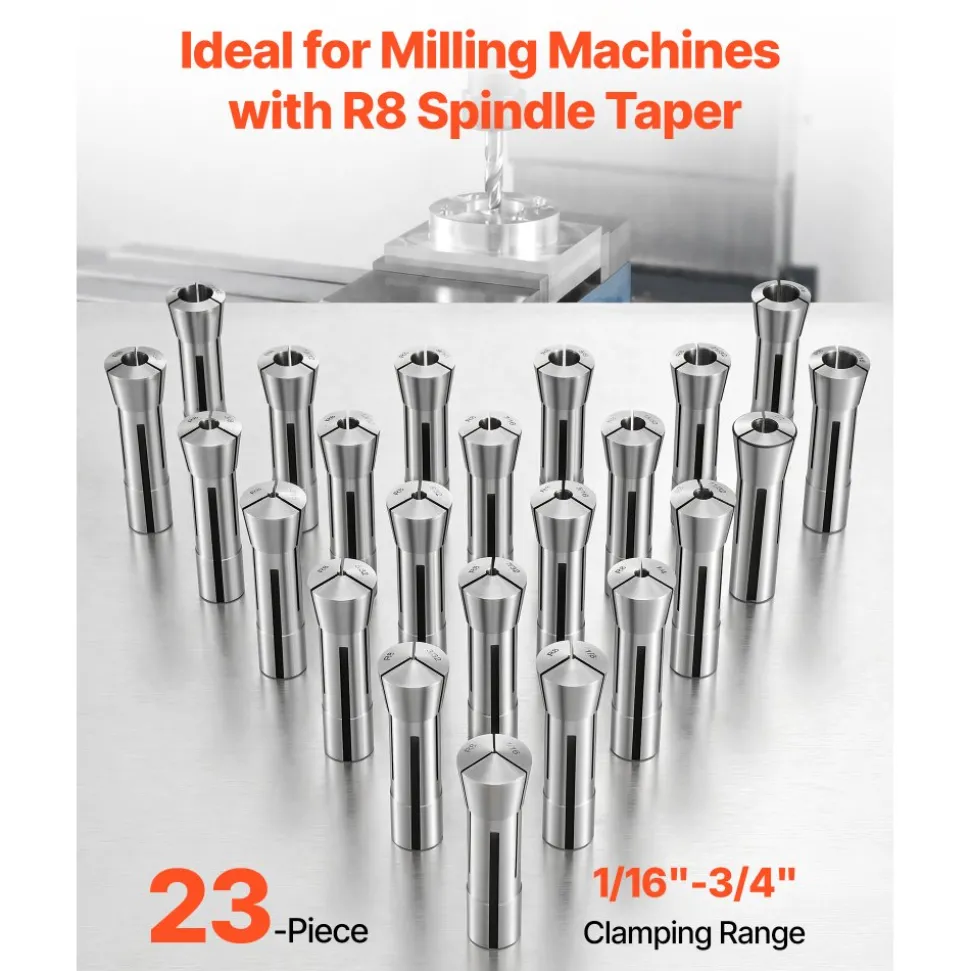 VEVOR R8 Collet Set 1/16"-3/4" 23 Piece R8 Precision Mill Collet Chuck Set, for Milling Machine Drill Presses, 0.0008" TIR High Concentricity, Lathe Chuck Tool with Labeled Storage Box, Alloy Steel