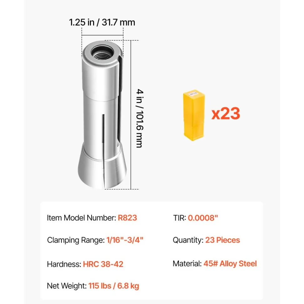 VEVOR R8 Collet Set 1/16"-3/4" 23 Piece R8 Precision Mill Collet Chuck Set, for Milling Machine Drill Presses, 0.0008" TIR High Concentricity, Lathe Chuck Tool with Labeled Storage Box, Alloy Steel