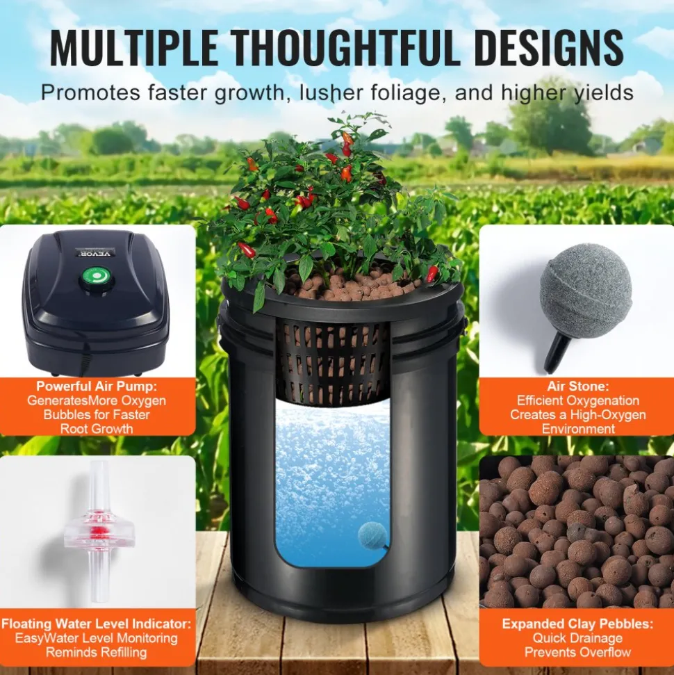 VEVOR RDWC Hydroponics Grow System, Hydroponic Growing Kit with Top Drip, Recirculating Deep Water Culture 4 Buckles and 1 Reservoir, with Air Pump and Water Level Device for Leafy Vegetables