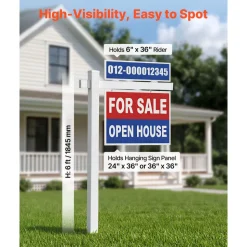 VEVOR Real Estate Sign Post, 6 ft Tall, PVC Realtor Yard Sign Holder with 47 in Arm Holds up to 36 in, Easy to Install, Wind-Resistant, for Open House and Home, Yard, Road, Outdoor, White (No Signs)