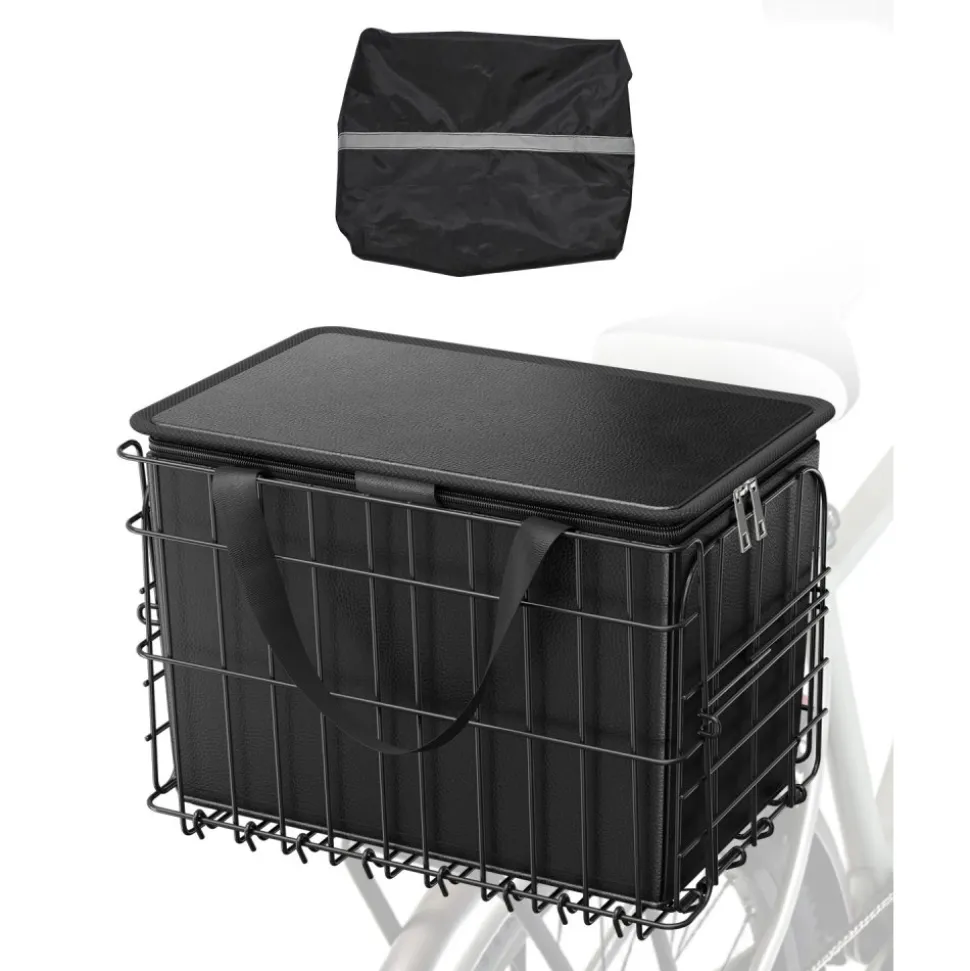 VEVOR Rear Bike Basket, Folding Wire Bicycle Basket with Cargo Net, Removable Liner Bag & Waterproof Cover, Quick Release Design Bike Basket for Adult Women/Men Carrying Dogs Pets Fruit & Grocery