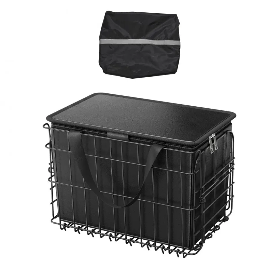VEVOR Rear Bike Basket, Folding Wire Bicycle Basket with Cargo Net, Removable Liner Bag & Waterproof Cover, Quick Release Design Bike Basket for Adult Women/Men Carrying Dogs Pets Fruit & Grocery