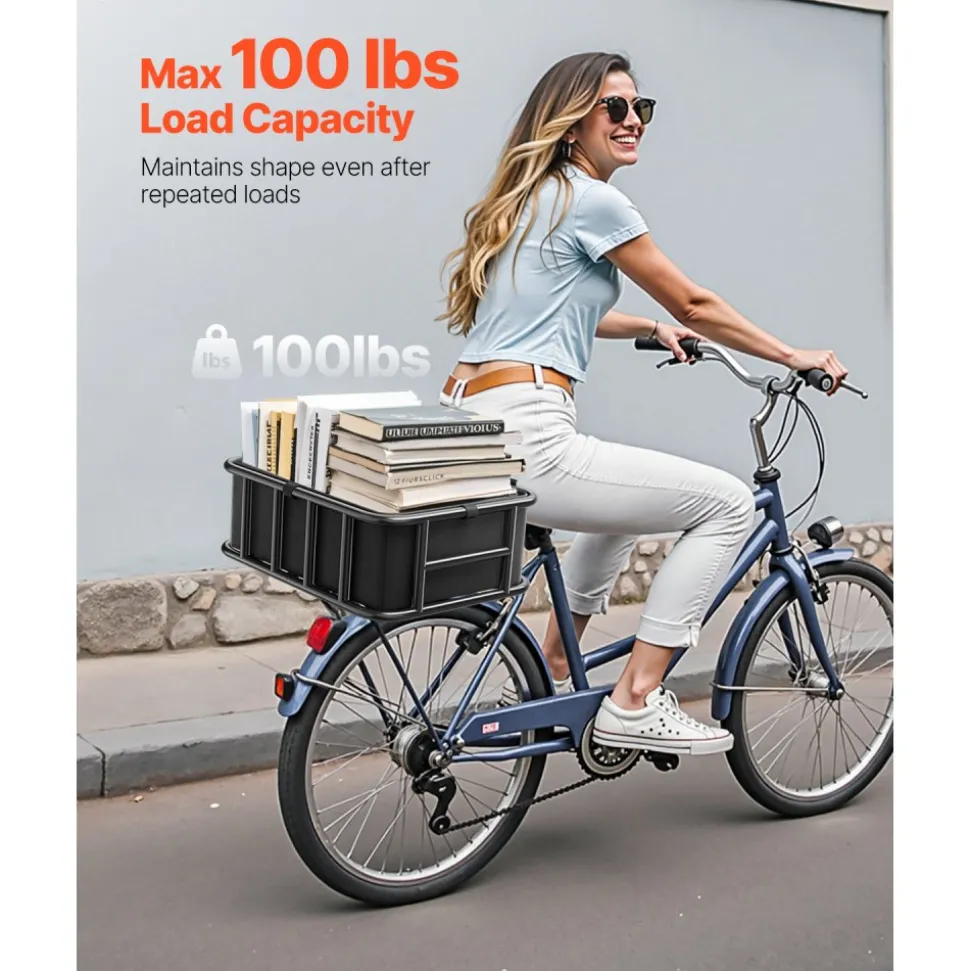 VEVOR Rear Bike Basket, Medium Bicycle Basket with Cargo Net, Liner & Waterproof Cover, Heavy Duty Bike Back Basket for Adult Women/Men Carrying Dogs, Pets, Fruit & Grocery, Mounting Tools Included