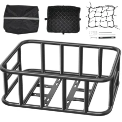 VEVOR Rear Bike Basket, Medium Bicycle Basket with Cargo Net, Liner & Waterproof Cover, Heavy Duty Bike Back Basket for Adult Women/Men Carrying Dogs, Pets, Fruit & Grocery, Mounting Tools Included