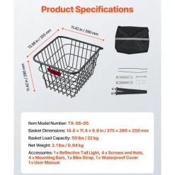 VEVOR Rear Bike Basket, Metal Wire Bicycle Basket with Reflective Tail Light & Waterproof Cover, Durable Bike Back Basket, Fits to Most Rear Bike Racks