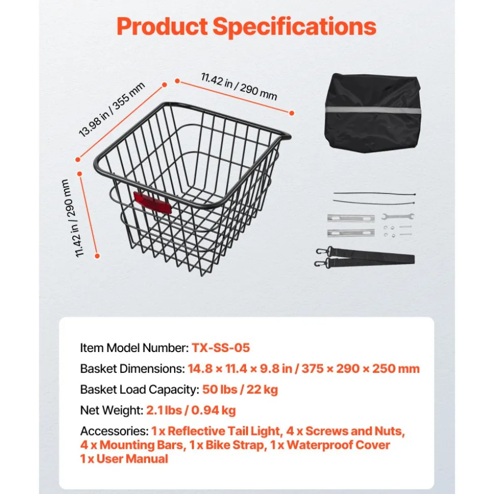VEVOR Rear Bike Basket, Metal Wire Bicycle Basket with Reflective Tail Light & Waterproof Cover, Durable Bike Back Basket, Fits to Most Rear Bike Racks