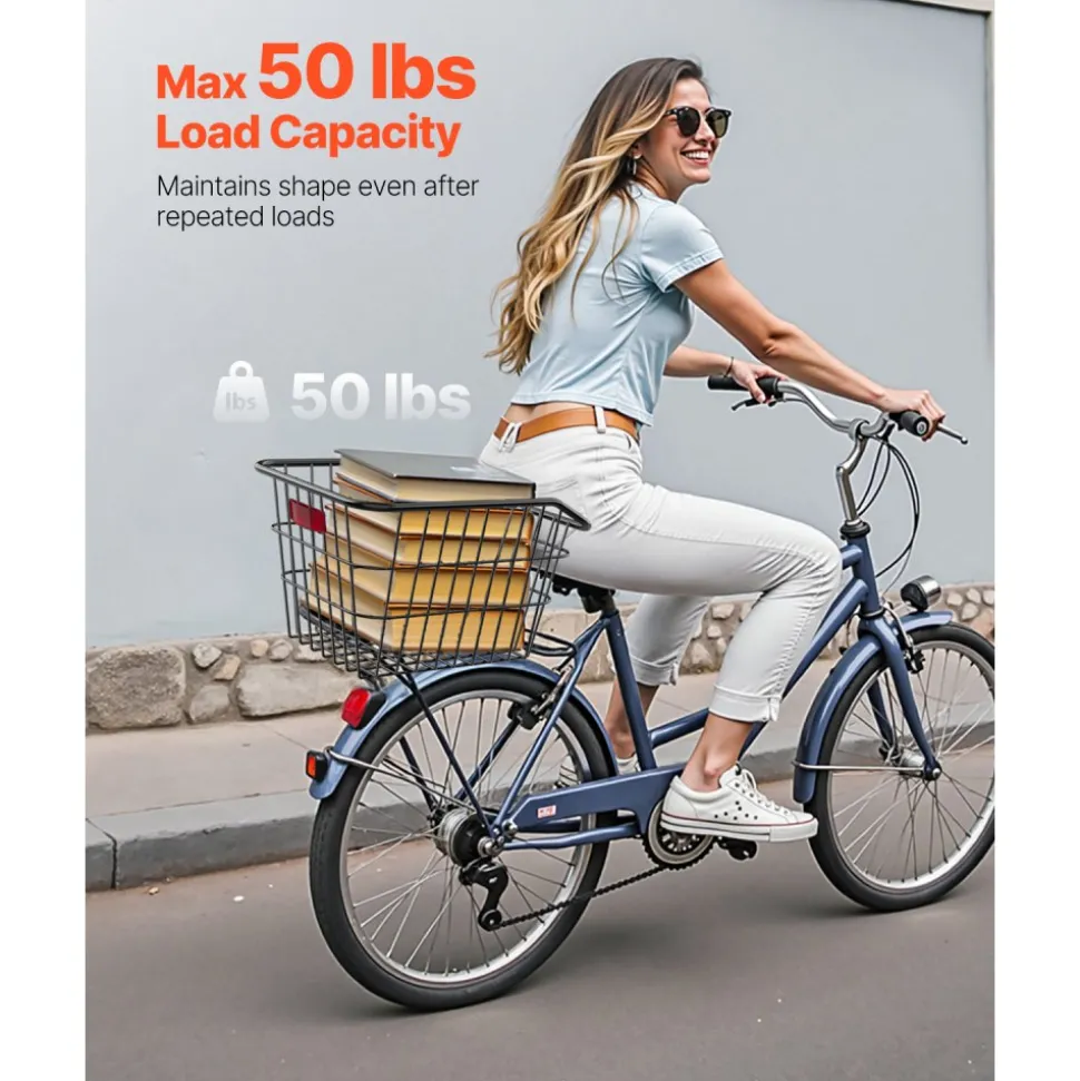VEVOR Rear Bike Basket, Metal Wire Bicycle Basket with Reflective Tail Light & Waterproof Cover, Durable Bike Back Basket, Fits to Most Rear Bike Racks