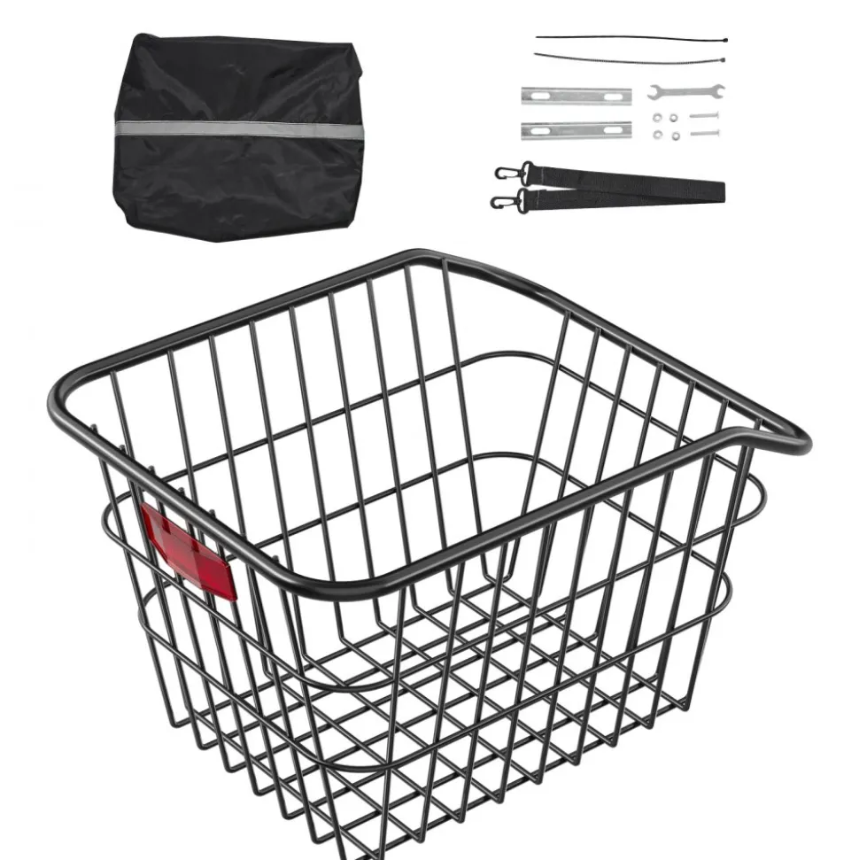 VEVOR Rear Bike Basket, Metal Wire Bicycle Basket with Reflective Tail Light & Waterproof Cover, Durable Bike Back Basket, Fits to Most Rear Bike Racks