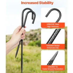 VEVOR Rebar Stakes, 16-Inch, Heavy-Duty 0.4 in Diameter J Hook, Galvanized Steel Ground Anchors with Chisel Point End & Rust-Resistant Coating, for Gardening Support, Fence, Camping Tents (16-Pack)