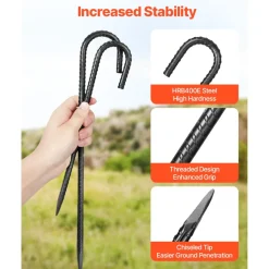 VEVOR Rebar Stakes, 12-Inch, Heavy-Duty 0.4 in Diameter J Hook, Galvanized Steel Ground Anchors with Chisel Point End & Rust-Resistant Coating, for Gardening Support, Fence, Camping Tents (16-Pack)